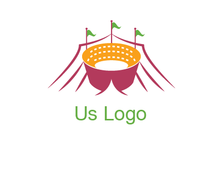 circus tent with flags around event logo