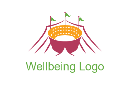 circus tent with flags around event logo