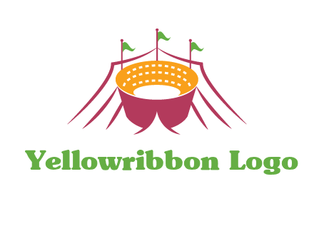 circus tent with flags around event logo