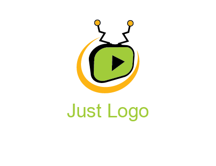 swoosh around television with antenna and play button entertainment logo