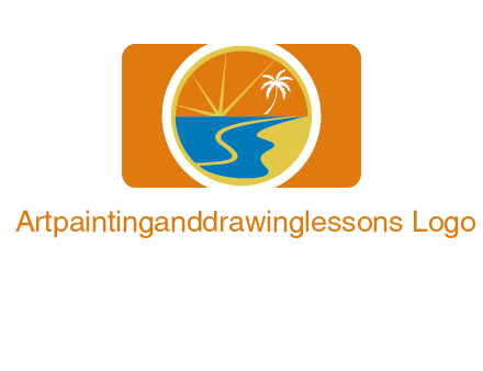 beach with palm tree and sun in camera photography logo