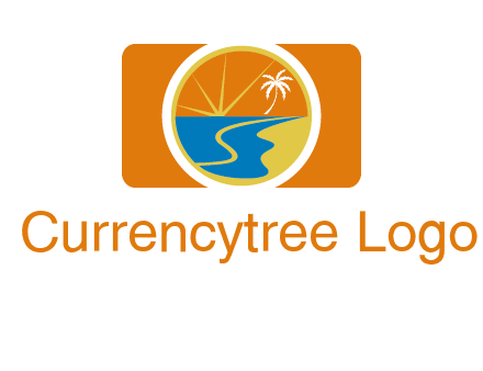 beach with palm tree and sun in camera photography logo