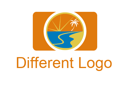 beach with palm tree and sun in camera photography logo