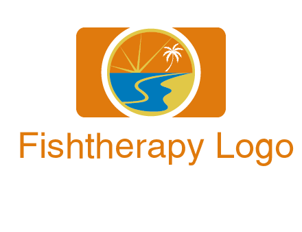 beach with palm tree and sun in camera photography logo