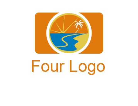 beach with palm tree and sun in camera photography logo