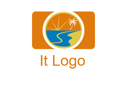 beach with palm tree and sun in camera photography logo