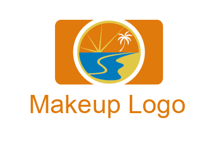 beach with palm tree and sun in camera photography logo