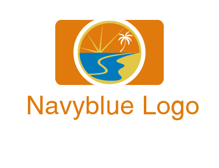 beach with palm tree and sun in camera photography logo