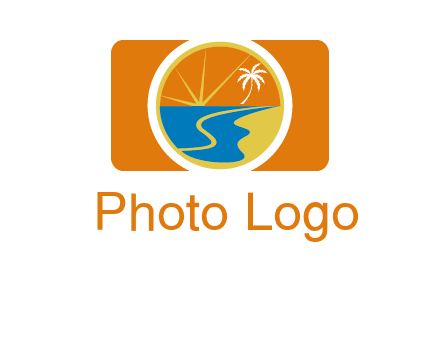 beach with palm tree and sun in camera photography logo