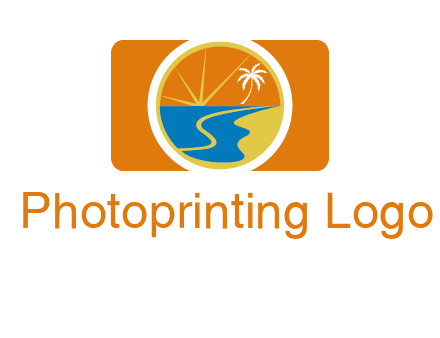 beach with palm tree and sun in camera photography logo