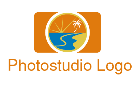 beach with palm tree and sun in camera photography logo