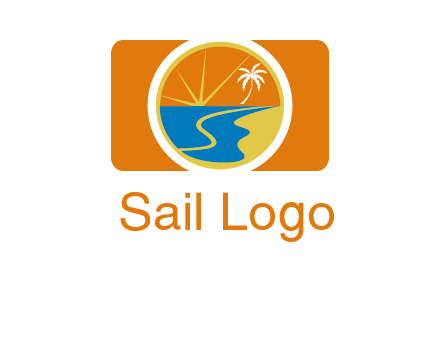beach with palm tree and sun in camera photography logo
