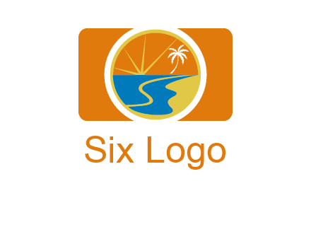 beach with palm tree and sun in camera photography logo