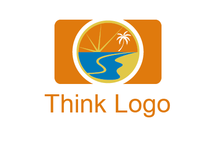 beach with palm tree and sun in camera photography logo