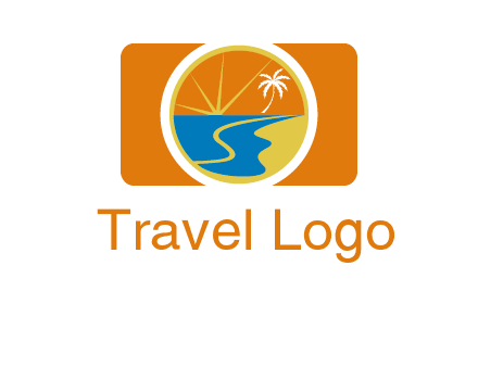 beach with palm tree and sun in camera photography logo