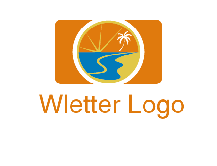 beach with palm tree and sun in camera photography logo
