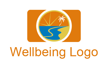 beach with palm tree and sun in camera photography logo