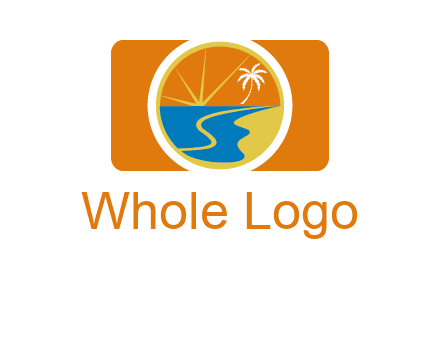 beach with palm tree and sun in camera photography logo