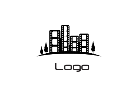 film reel buildings with trees logo