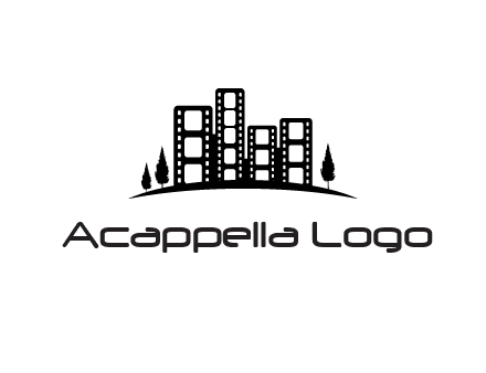 film reel buildings with trees logo