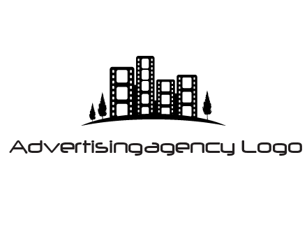 film reel buildings with trees logo