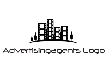 film reel buildings with trees logo