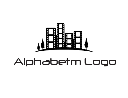 film reel buildings with trees logo
