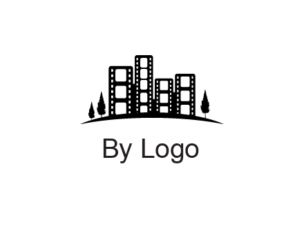 film reel buildings with trees logo