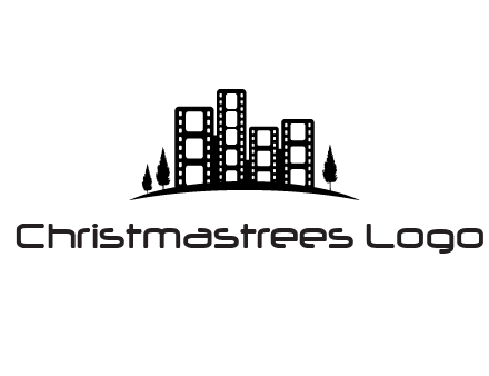 film reel buildings with trees logo