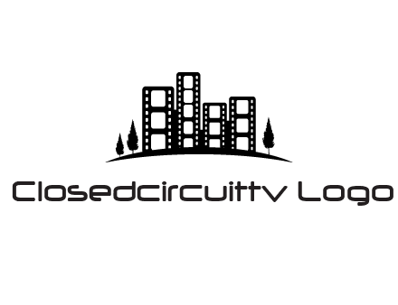 film reel buildings with trees logo