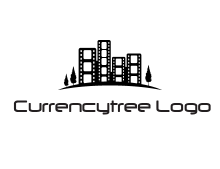 film reel buildings with trees logo