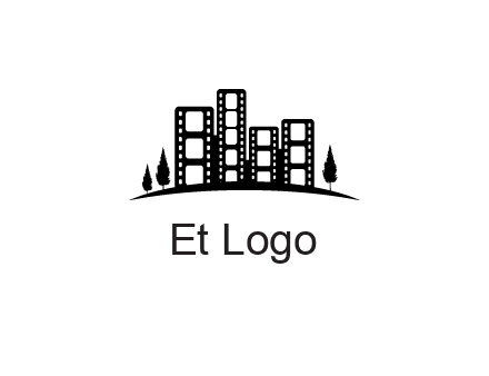 film reel buildings with trees logo