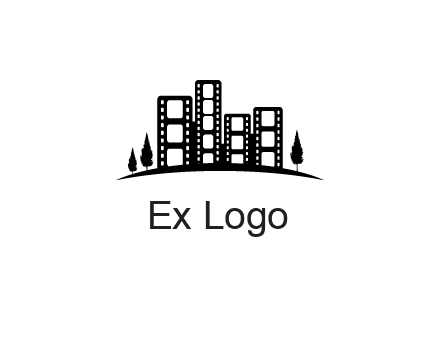 film reel buildings with trees logo