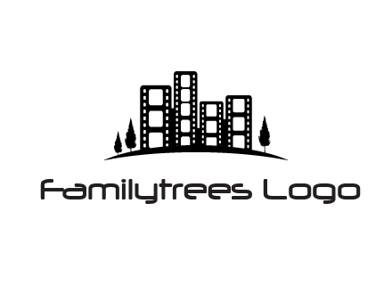 film reel buildings with trees logo