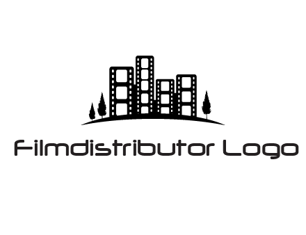 film reel buildings with trees logo