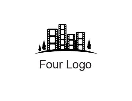 film reel buildings with trees logo