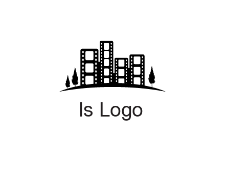 film reel buildings with trees logo