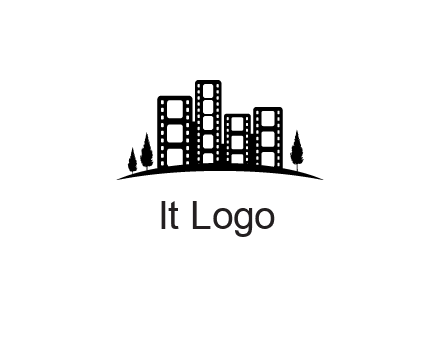 film reel buildings with trees logo