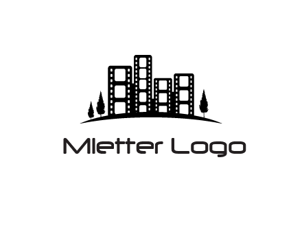 film reel buildings with trees logo