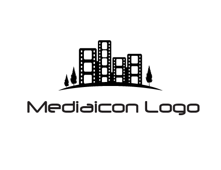 film reel buildings with trees logo