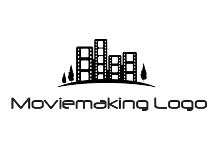 film reel buildings with trees logo