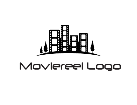 film reel buildings with trees logo