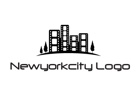 film reel buildings with trees logo