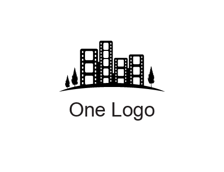film reel buildings with trees logo