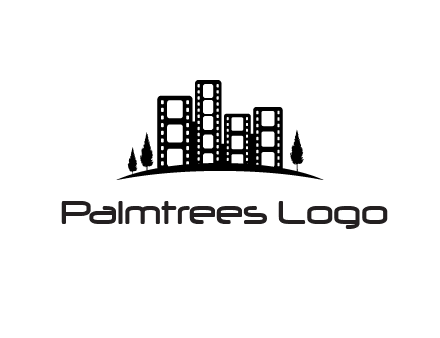 film reel buildings with trees logo