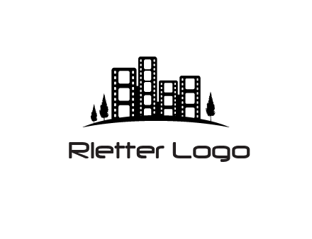 film reel buildings with trees logo