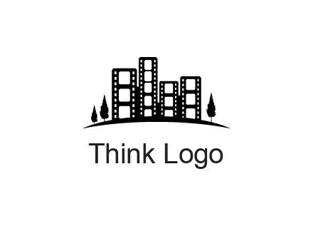 film reel buildings with trees logo