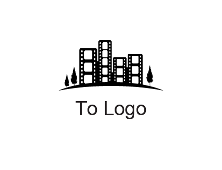 film reel buildings with trees logo