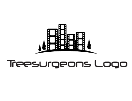 film reel buildings with trees logo