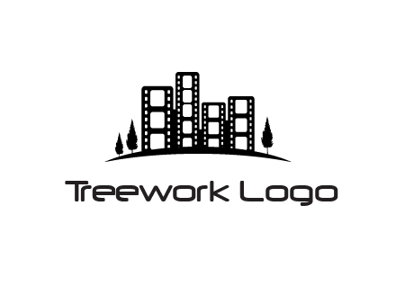 film reel buildings with trees logo